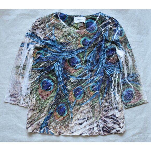 CURRENT/ELLIOTT RUFFLED BOAT NECK 3/4 SLEEVE PEACOCK PRINT MULTI BLOUSE. SIZE S - Picture 5 of 8